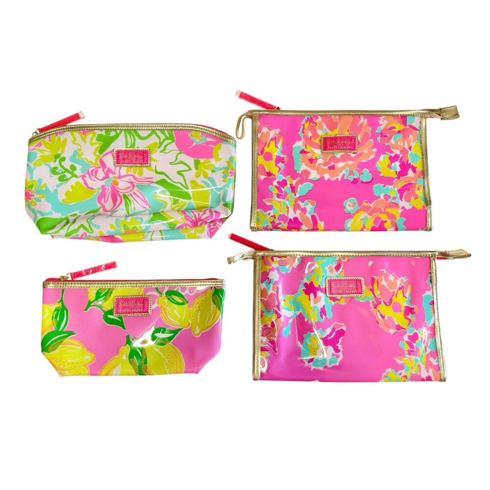 Estee Lauder x Lilly Pulitzer Makeup Bags Lot of 4 Floral Lemon Cosmetic Pouch